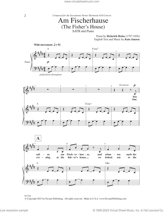 Am Fischerhause (The Fisher's House) sheet music for choir (SATB: soprano, alto, tenor, bass) by Kate Janzen and Heinrich Heine, intermediate skill level