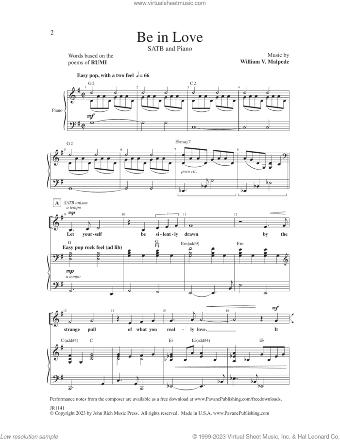 Be In Love sheet music for choir (SATB: soprano, alto, tenor, bass) by William V. Malpede, intermediate skill level