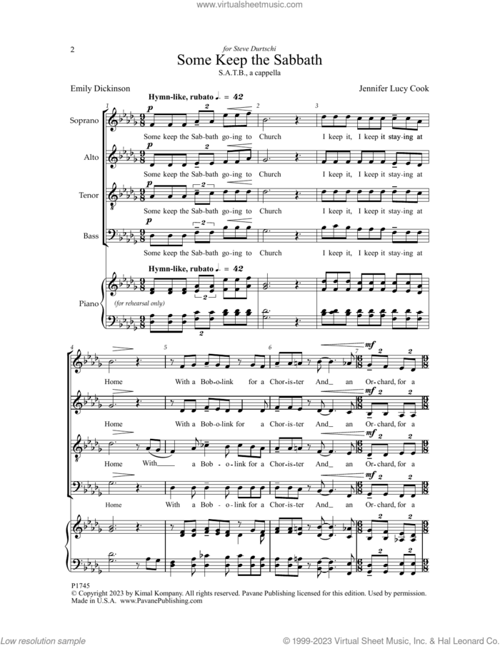 Some Keep The Sabbath sheet music for choir (SATB: soprano, alto, tenor, bass) by Jennifer Lucy Cook and Emily Dickinson, intermediate skill level