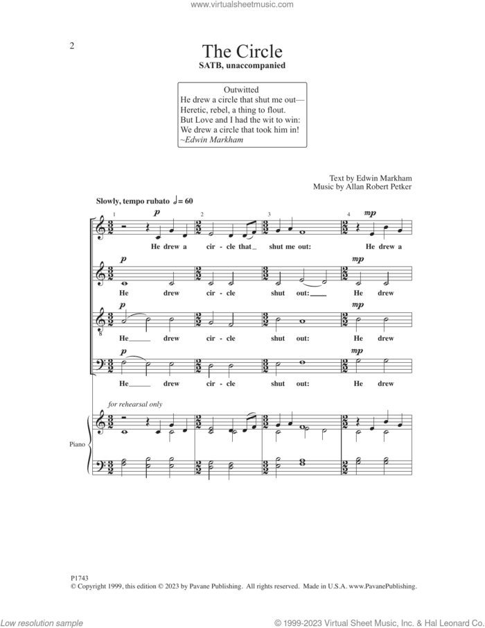 The Circle sheet music for choir (SATB: soprano, alto, tenor, bass) by Allan Robert Petker, Tonality and Edwin Markham, intermediate skill level