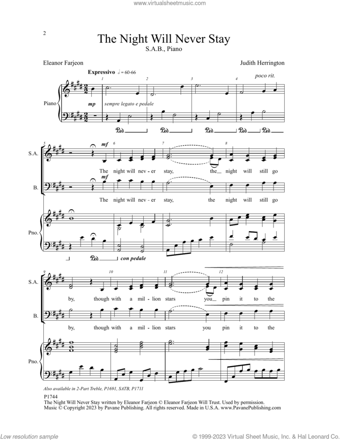 The Night Will Never Stay sheet music for choir (SAB: soprano, alto, bass) by Judith Herrington and Eleanor Farjeon, intermediate skill level