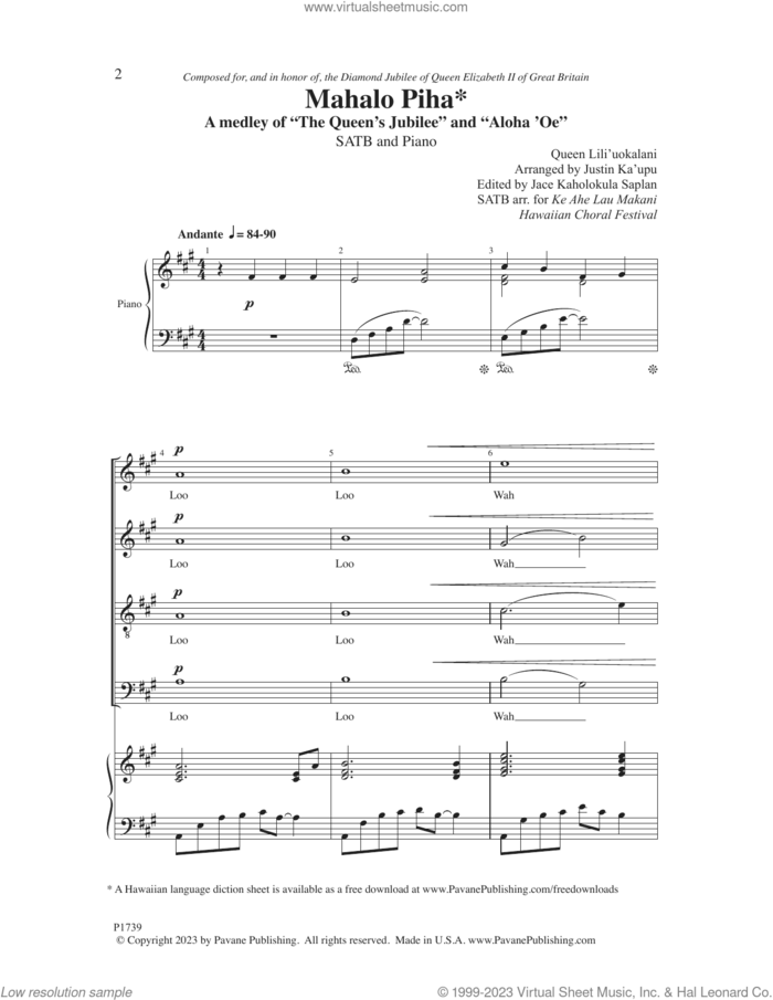 Mahalo Piha (A Medley of 'The Queen's Jubilee' and 'Aloha 'Oe') sheet music for choir (SATB: soprano, alto, tenor, bass) by Queen Liliuokalani, intermediate skill level