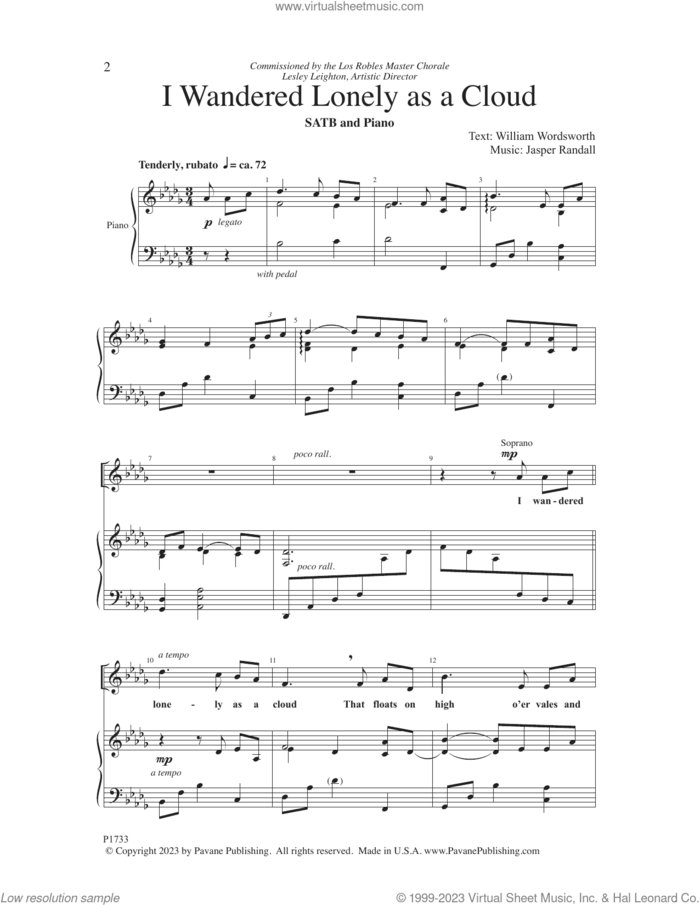 I Wandered Lonely as a Cloud sheet music for choir (SATB: soprano, alto, tenor, bass) by Jasper Randall and William Wordsworth, intermediate skill level