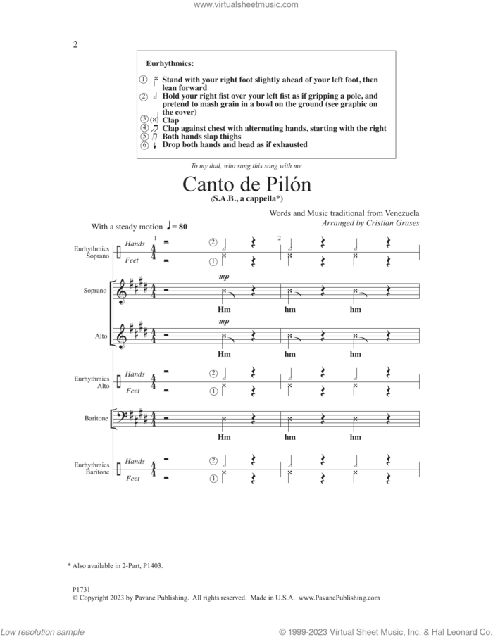 Canto de Pilon sheet music for choir (SAB: soprano, alto, bass) by Cristian Grases and Traditional from Venezuela, intermediate skill level