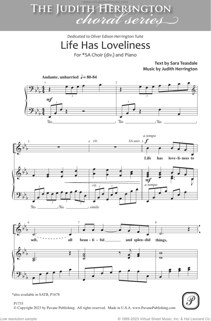 Life Has Loveliness sheet music for choir (2-Part) by Judith Herrington and Sara Teasdale, intermediate duet