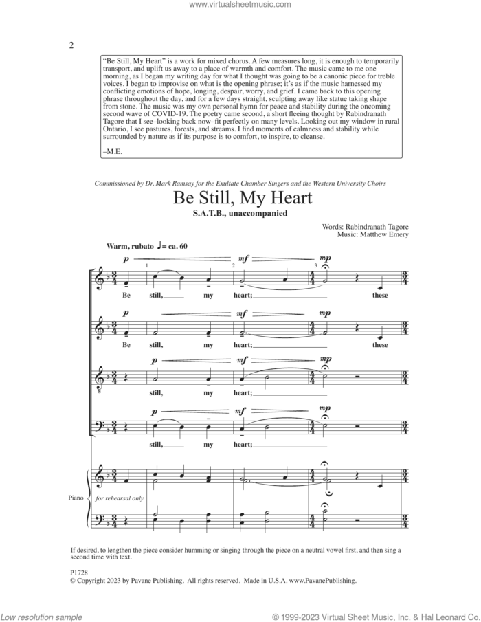 Be Still, My Heart sheet music for choir (SATB: soprano, alto, tenor, bass) by Matthew Emery and Rabindranath Tagore, intermediate skill level