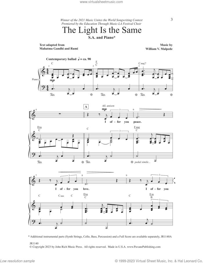 The Light Is The Same sheet music for choir (2-Part) by William V. Malpede, intermediate duet