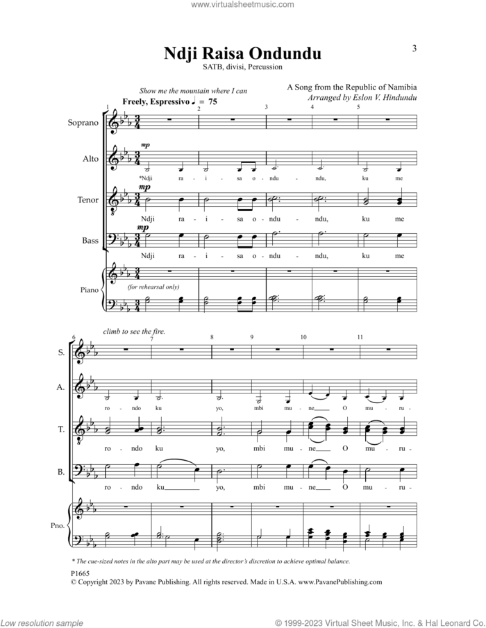 Ndji Raisa Ondundu sheet music for choir (SATB: soprano, alto, tenor, bass) by Eslon V. Hindundu, intermediate skill level