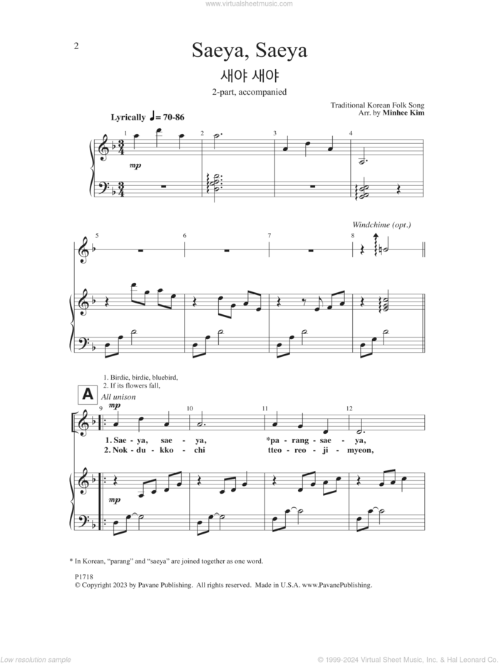 Saeya, Saeya sheet music for choir (2-Part) by Traditional Korean Folk Song and Minhee Kim, intermediate duet