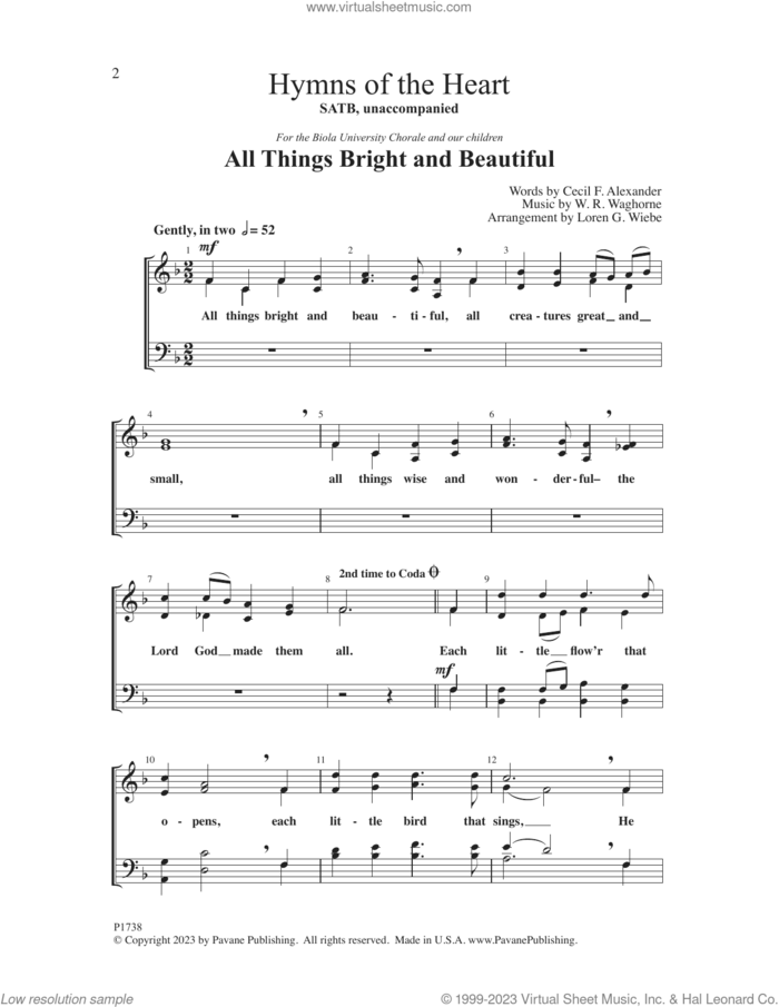 Hymns Of The Heart ('All Things Bright And Beautiful' and 'When He Cometh') sheet music for choir (SATB: soprano, alto, tenor, bass) by Loren G. Wiebe, intermediate skill level