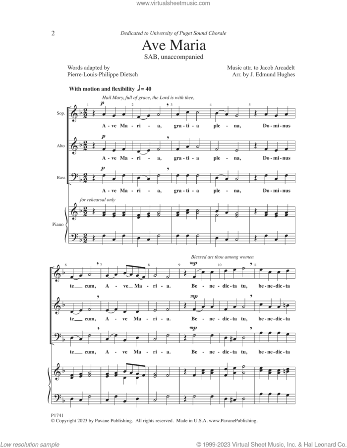 Ave Maria sheet music for choir (SAB: soprano, alto, bass) by Jacob Arcadelt, J. Edmund Hughes and Pierre-Louis-Philippe Dietsch, intermediate skill level