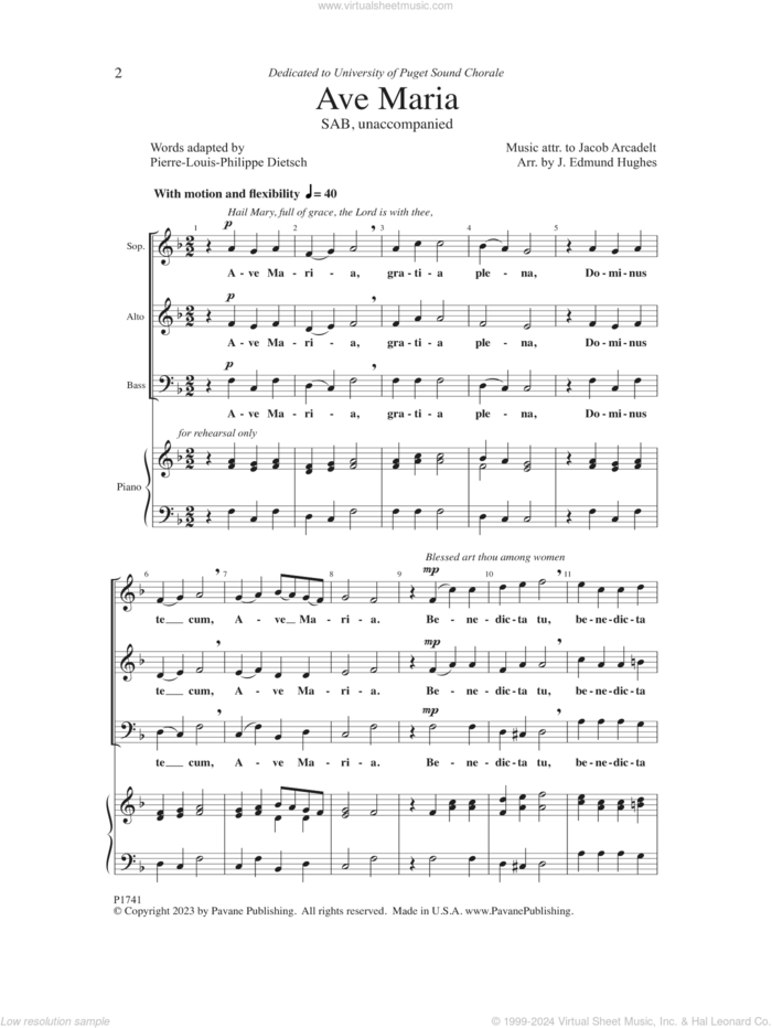 Ave Maria sheet music for choir (SAB: soprano, alto, bass) by Jacob Arcadelt, J. Edmund Hughes and Pierre-Louis-Philippe Dietsch, intermediate skill level