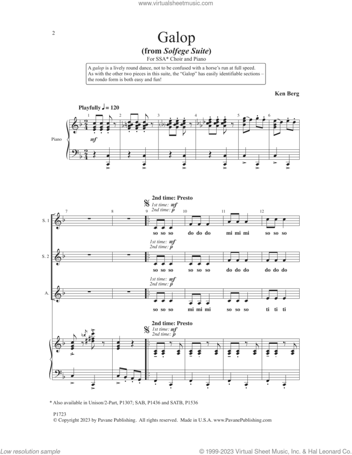 Galop sheet music for choir (SSA: soprano, alto) by Ken Berg, intermediate skill level