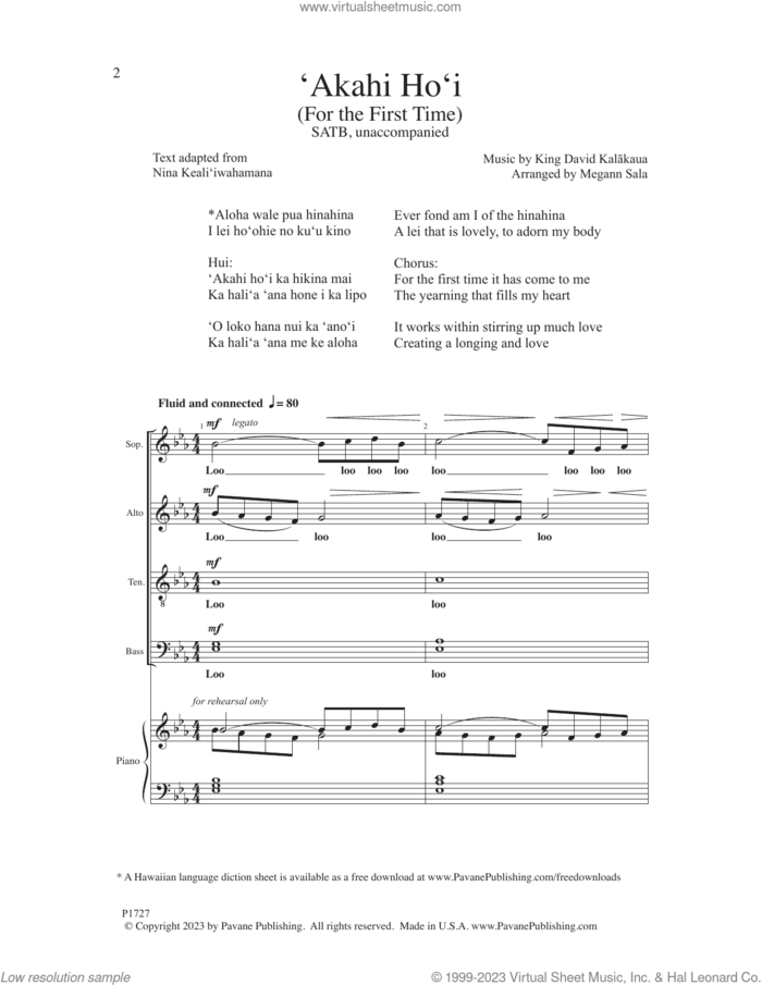 Akahi Ho'i (For The First Time) sheet music for choir (SATB: soprano, alto, tenor, bass) by Megann Sala and King David Kalakaua, intermediate skill level