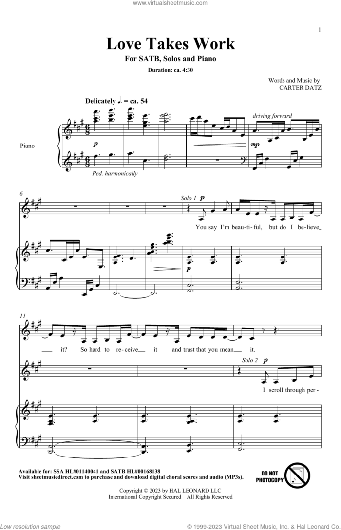 Love Takes Work sheet music for choir (SATB: soprano, alto, tenor, bass) by Carter Datz, intermediate skill level