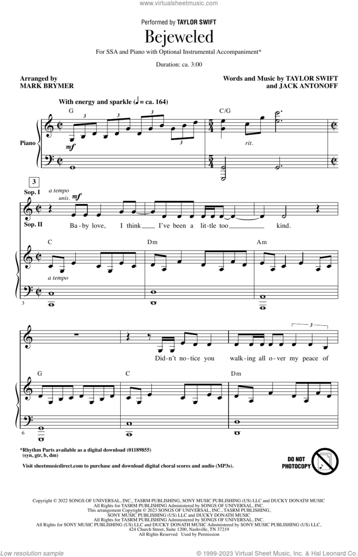 Bejeweled (arr. Mark Brymer) sheet music for choir (SSA: soprano, alto) by Taylor Swift, Mark Brymer and Jack Antonoff, intermediate skill level