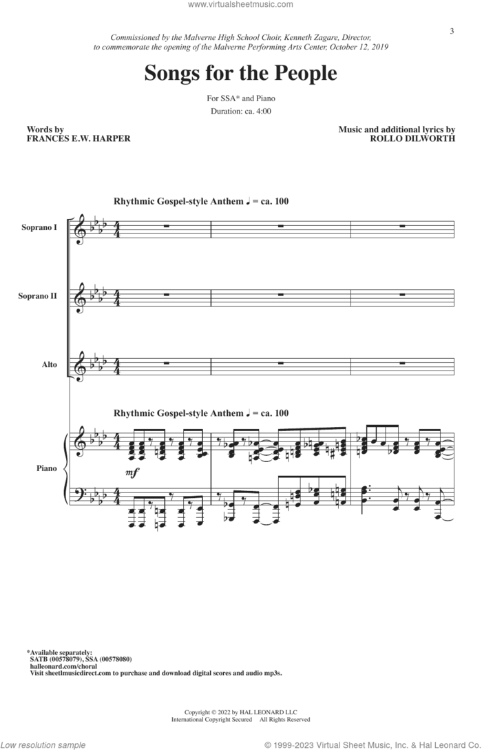 Songs For The People sheet music for choir (SSA: soprano, alto) by Rollo Dilworth and Frances E.W. Harper, intermediate skill level