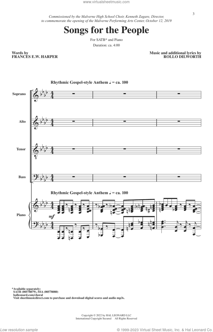 Songs For The People sheet music for choir (SATB: soprano, alto, tenor, bass) by Rollo Dilworth and Frances E.W. Harper, intermediate skill level