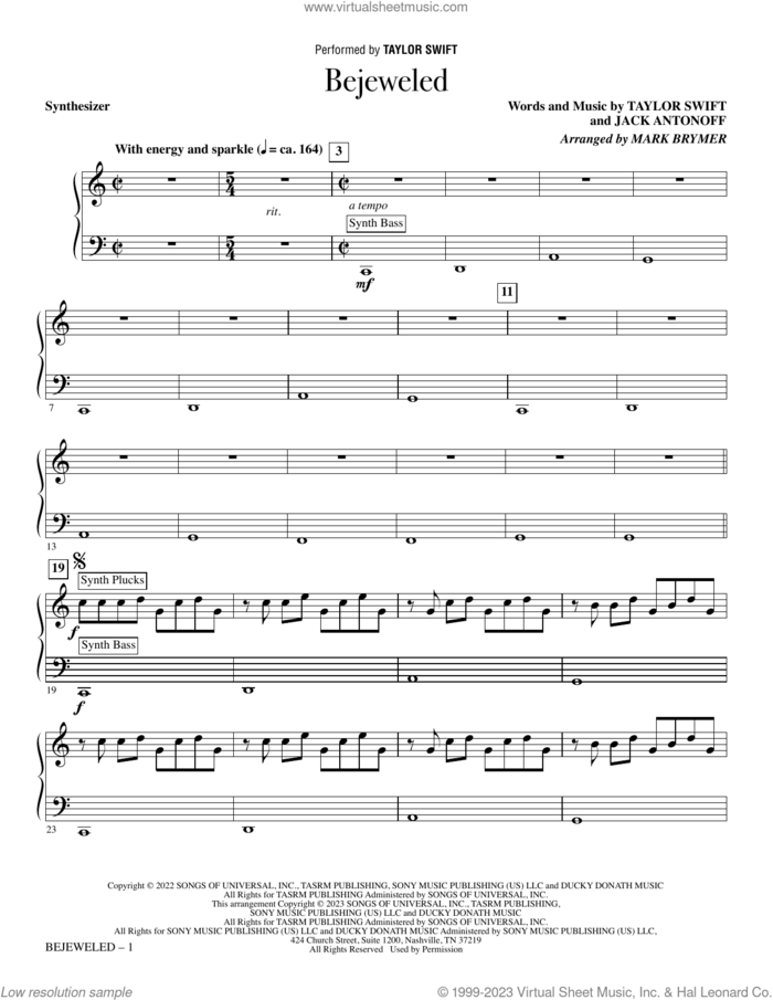 Bejeweled (arr. Mark Brymer) (complete set of parts) sheet music for orchestra/band (Rhythm) by Taylor Swift, Jack Antonoff and Mark Brymer, intermediate skill level