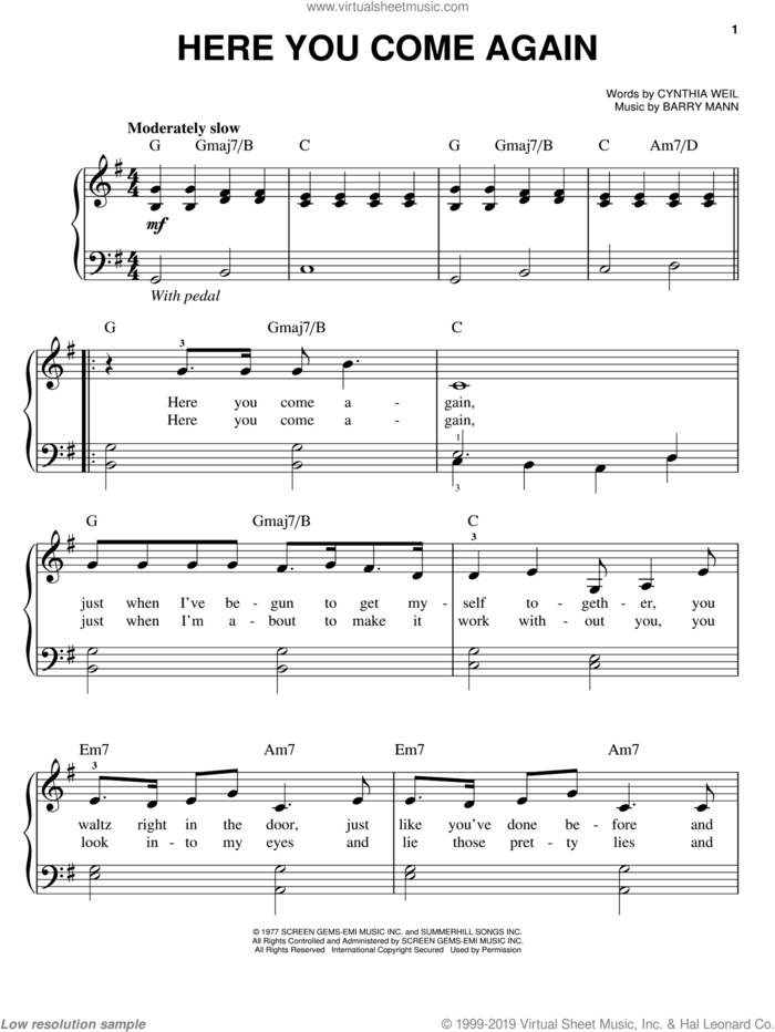 Here You Come Again sheet music for piano solo by Dolly Parton, Barry Mann and Cynthia Weil, easy skill level