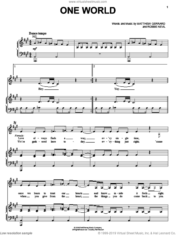 One World sheet music for voice, piano or guitar by The Cheetah Girls, Matthew Gerrard and Robbie Nevil, intermediate skill level