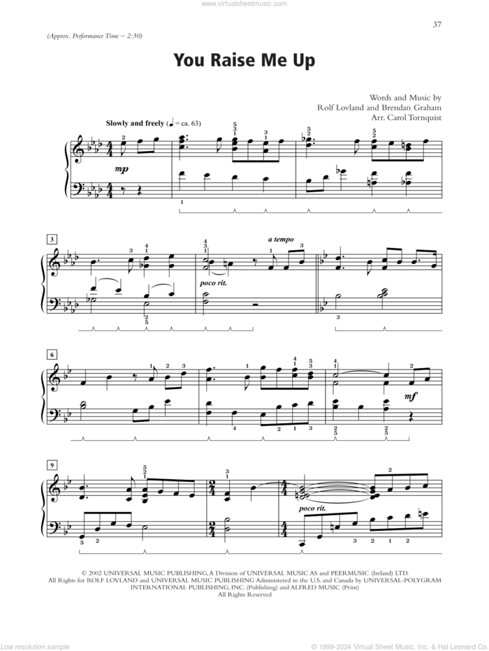 You Raise Me Up (arr. Carol Tornquist) sheet music for piano solo by Josh Groban, Carol Tornquist, Brendan Graham and Rolf Lovland, intermediate skill level