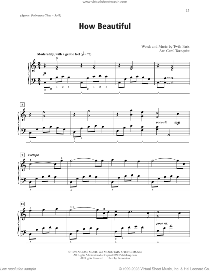 How Beautiful (arr. Carol Tornquist) sheet music for piano solo by Twila Paris and Carol Tornquist, wedding score, intermediate skill level