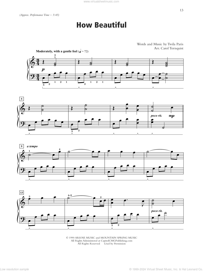 How Beautiful (arr. Carol Tornquist) sheet music for piano solo by Twila Paris and Carol Tornquist, wedding score, intermediate skill level