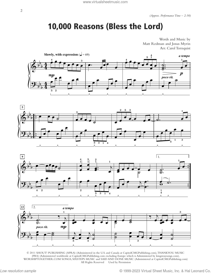 10,000 Reasons (Bless The Lord) (arr. Carol Tornquist) sheet music for piano solo by Matt Redman, Carol Tornquist and Jonas Myrin, wedding score, intermediate skill level