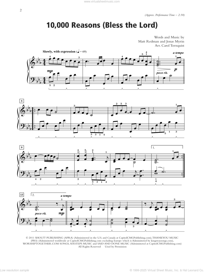 10,000 Reasons (Bless The Lord) (arr. Carol Tornquist) sheet music for piano solo by Matt Redman, Carol Tornquist and Jonas Myrin, wedding score, intermediate skill level