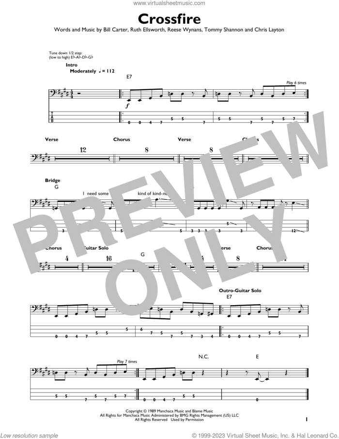 Crossfire sheet music for bass solo by Stevie Ray Vaughan, Bill Carter, Chris Layton, Reese Wynans, Ruth Ellsworth and Tommy Shannon, intermediate skill level