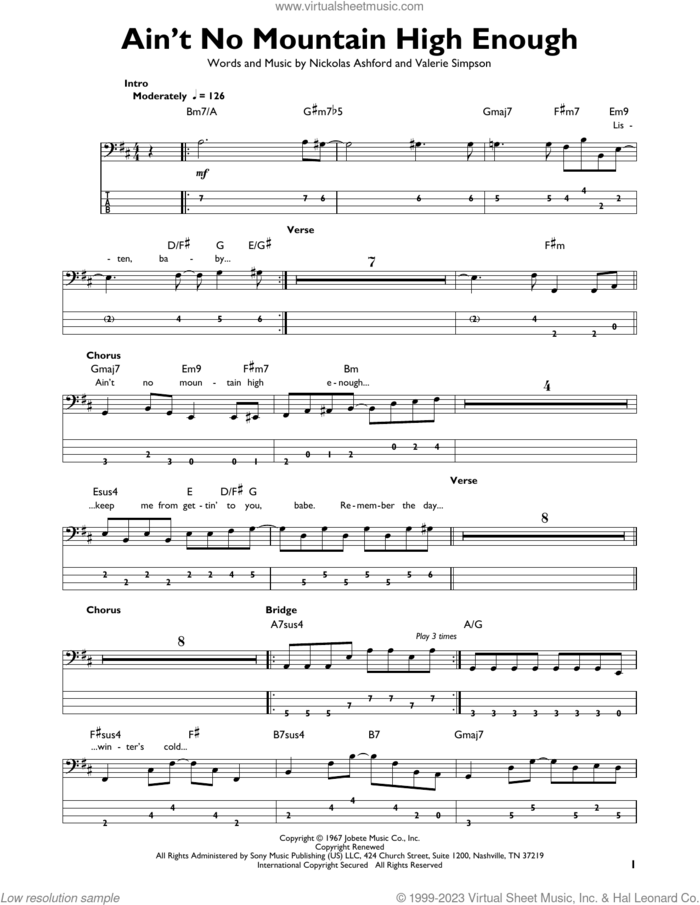 Ain't No Mountain High Enough sheet music for bass solo by Marvin Gaye & Tammi Terrell, Nickolas Ashford and Valerie Simpson, intermediate skill level