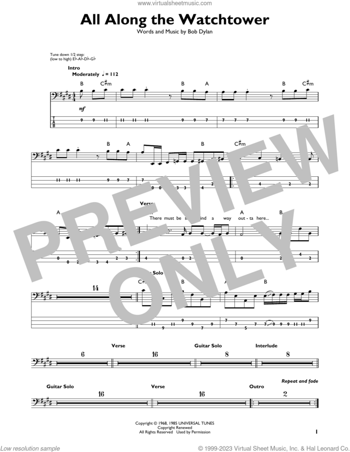 All Along The Watchtower sheet music for bass solo by Jimi Hendrix and Bob Dylan, intermediate skill level