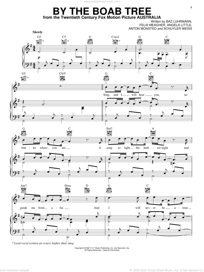 By The Boab Tree sheet music for voice, piano or guitar by Ophelia Of The Spirits, Angela Little, Anton Monsted, Baz Luhrmann, Felix Meagher and Schuyler Weiss, intermediate skill level