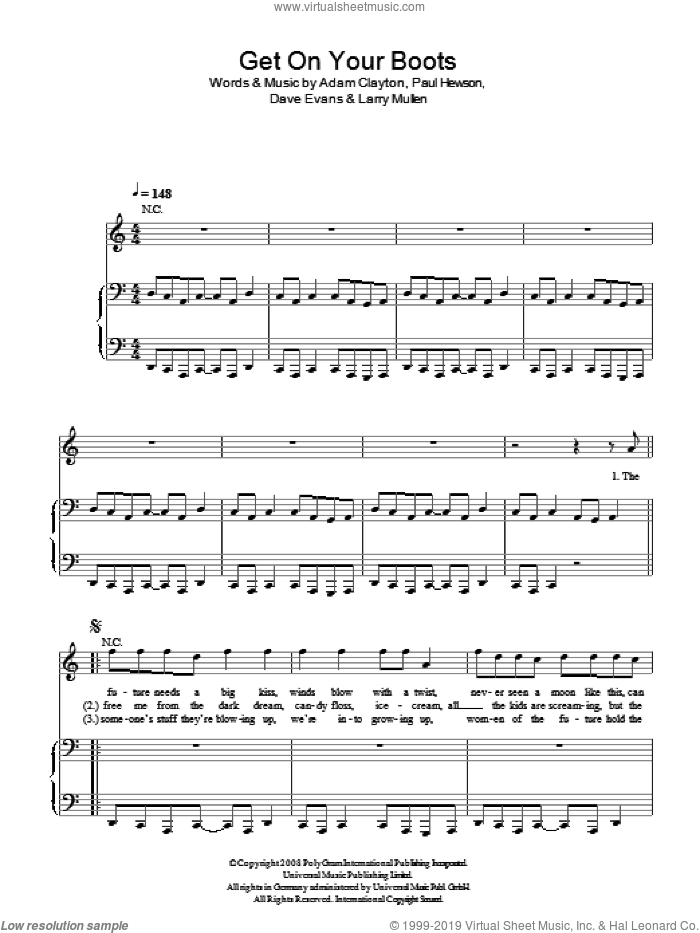 Get On Your Boots sheet music for voice, piano or guitar by U2, Adam Clayton, Dave Evans, Larry Mullen and Paul Hewson, intermediate skill level