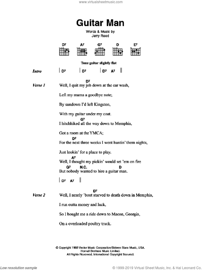 Guitar Man sheet music for guitar (chords) by Elvis Presley and Jerry Reed, intermediate skill level