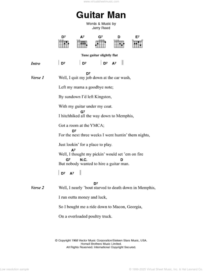 Guitar Man sheet music for guitar (chords) by Elvis Presley and Jerry Reed, intermediate skill level
