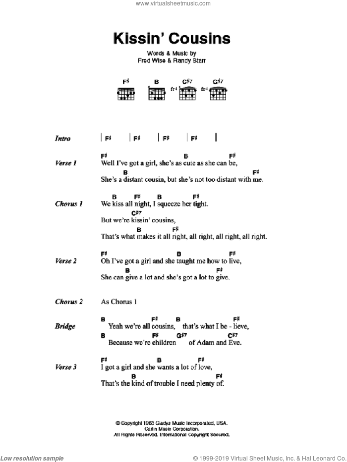 Kissin' Cousins sheet music for guitar (chords) by Elvis Presley, Fred Wise and Randy Starr, intermediate skill level