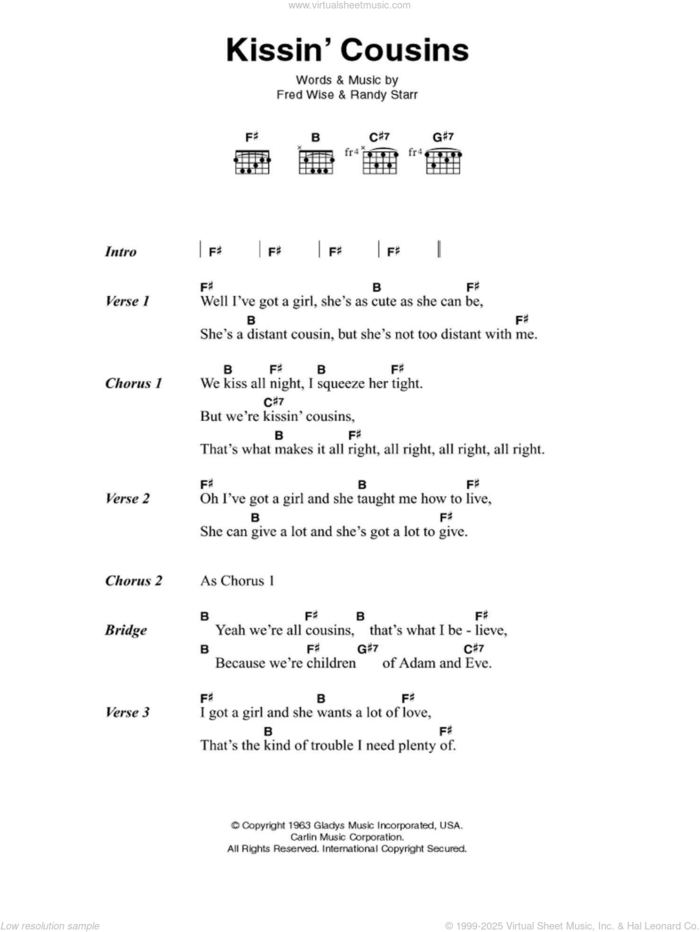 Kissin' Cousins sheet music for guitar (chords) by Elvis Presley, Fred Wise and Randy Starr, intermediate skill level