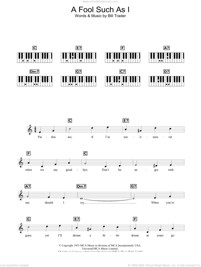 (Now And Then There's) A Fool Such As I sheet music for piano solo (chords, lyrics, melody) by Elvis Presley and Bill Trader, intermediate piano (chords, lyrics, melody)