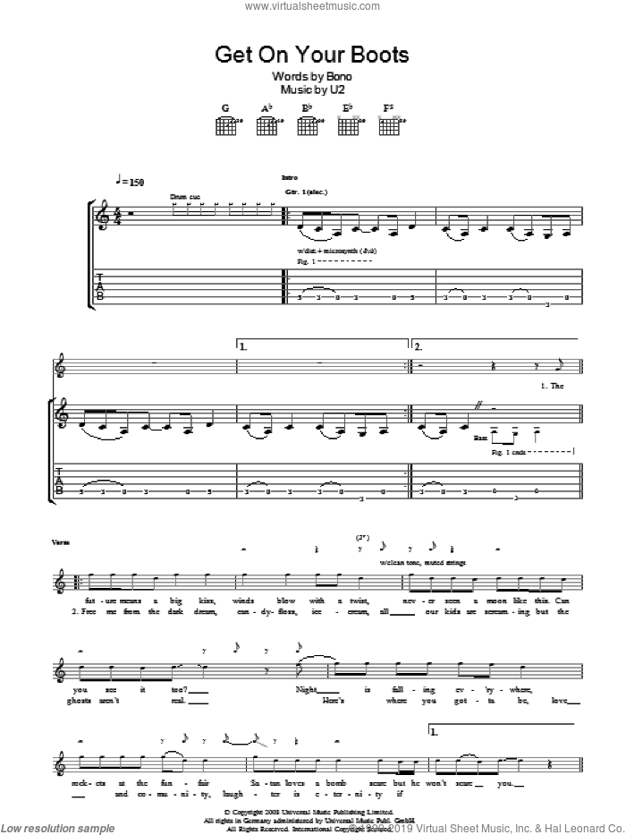 Get On Your Boots sheet music for guitar (tablature) by U2 and Bono, intermediate skill level
