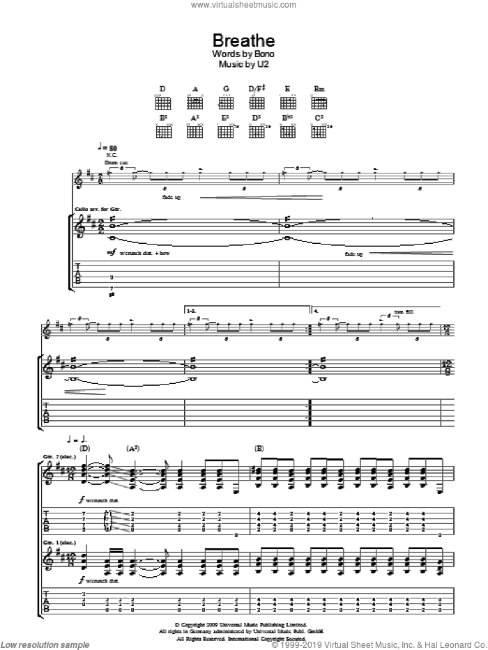 Breathe sheet music for guitar (tablature) by U2 and Bono, intermediate skill level