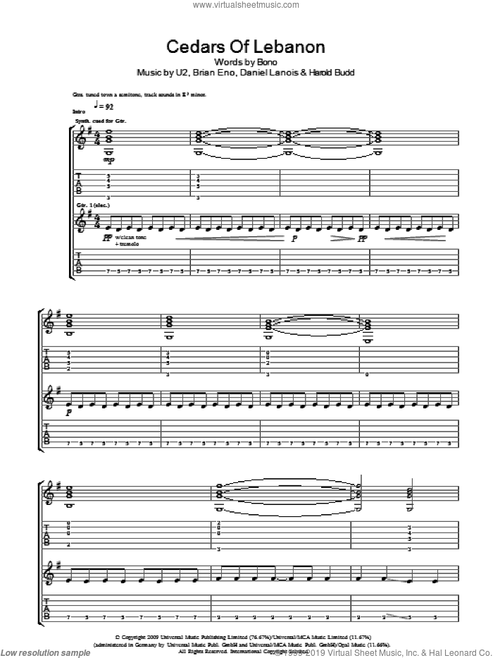 Cedars Of Lebanon sheet music for guitar (tablature) by U2, Brian Eno, Daniel Lanois, Harold Budd and Bono, intermediate skill level