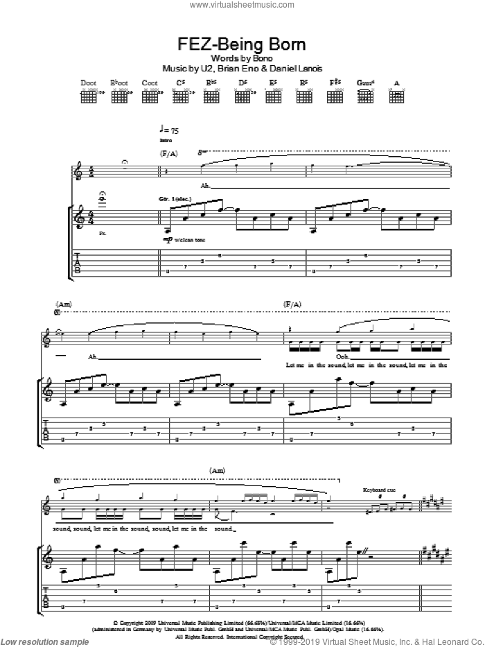 Fez-Being Born sheet music for guitar (tablature) by U2, Brian Eno, Daniel Lanois and Bono, intermediate skill level