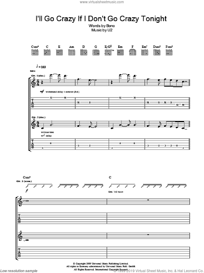 I'll Go Crazy If I Don't Go Crazy Tonight sheet music for guitar (tablature) by U2 and Bono, intermediate skill level