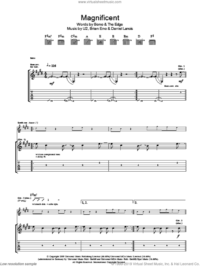 Magnificent sheet music for guitar (tablature) by U2, Brian Eno, Daniel Lanois, Bono and The Edge, intermediate skill level