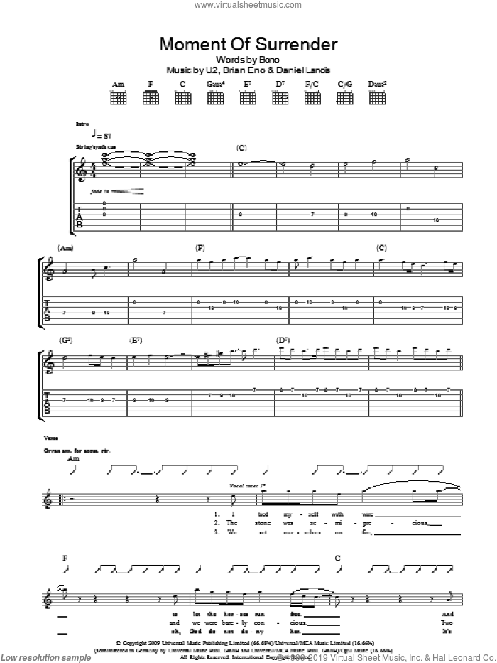Moment Of Surrender sheet music for guitar (tablature) by U2, Brian Eno, Daniel Lanois and Bono, intermediate skill level