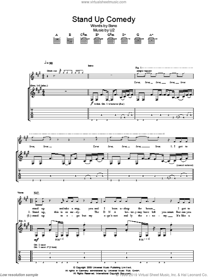 Stand Up Comedy sheet music for guitar (tablature) by U2 and Bono, intermediate skill level