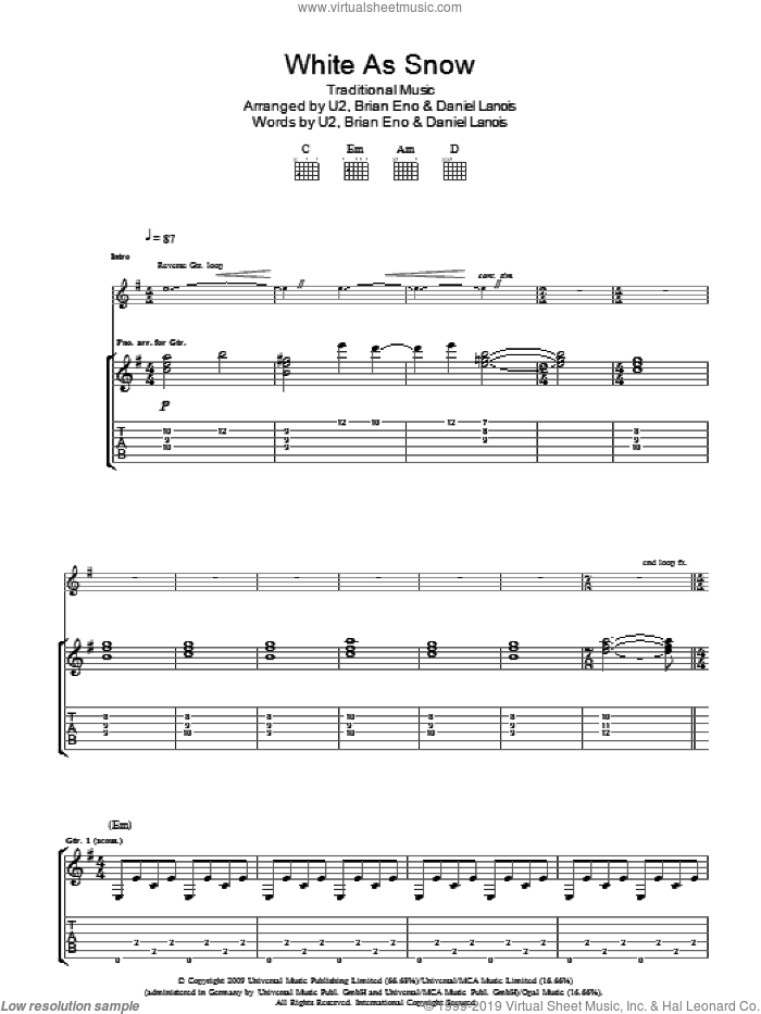 White As Snow sheet music for guitar (tablature) by U2, Brian Eno, Daniel Lanois and Miscellaneous, intermediate skill level