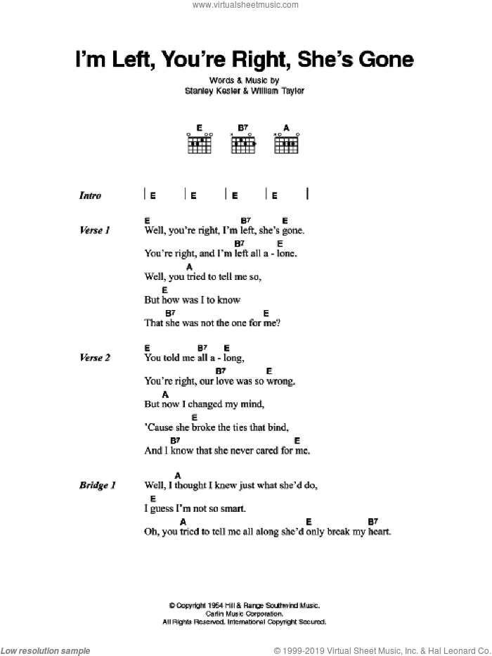 I'm Left, You're Right, She's Gone sheet music for guitar (chords) by Elvis Presley, Stanley Kesler and William Taylor, intermediate skill level